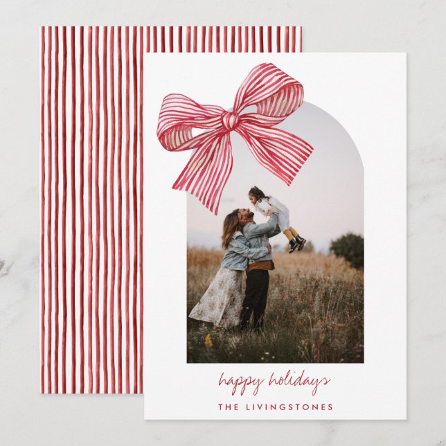 Modern Red Candy Stripes Bow & Arch Photo   Holiday Card (Front/Back)