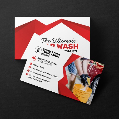 Modern Red Car Wash Auto Detailing Car Care Business Card