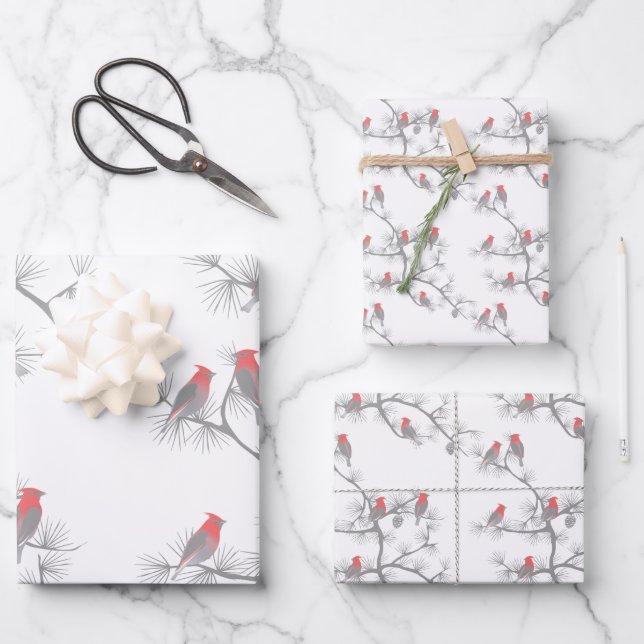 Modern Red Cardinal Winter Snow Christmas Wrapping Paper Sheets (Front)