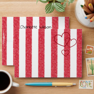 Modern Red Chalk Stripes Triple Hearts Baby Shower Envelope