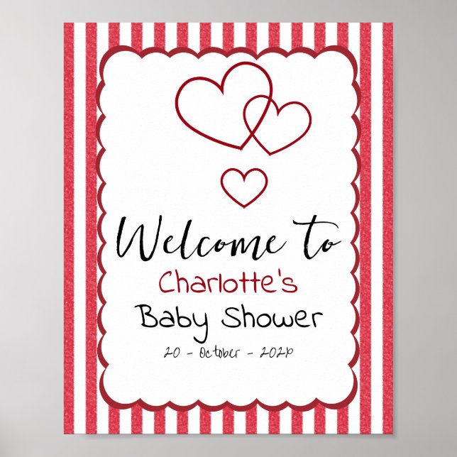 Modern Red Chalk Stripes Triple Hearts Baby Shower Poster (Front)