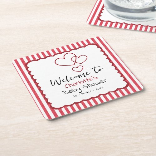 Modern Red Chalk Stripes Triple Hearts Baby Shower