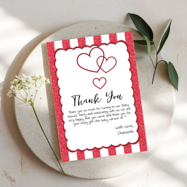 Modern Red Chalk Stripes Triple Hearts Baby Shower Thank You Card (Creator Uploaded)
