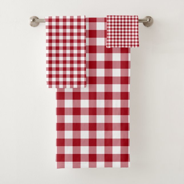 Modern Red Checked Gingham Pattern Bath Towel Set (Insitu)