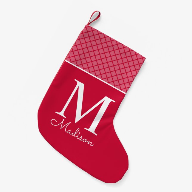 Modern red checkered pattern name monogram small christmas stocking (Front (Hanging))