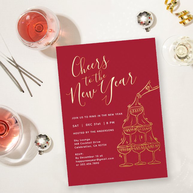 Modern Red Cheers to the New Year Party Foil Invitation (Creator Uploaded)