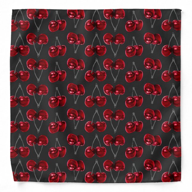Modern Red Cherries on Charcoal Black Bandana (Front)
