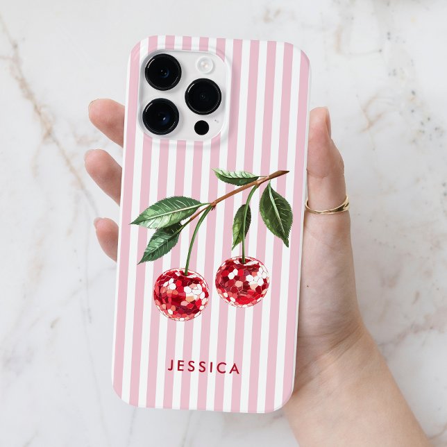 Modern Red Cherries Pink Stripes Personalized Name Case-Mate iPhone Case (Modern Red Cherries Pink Stripes Personalized Name Case-Mate iPhone Case)