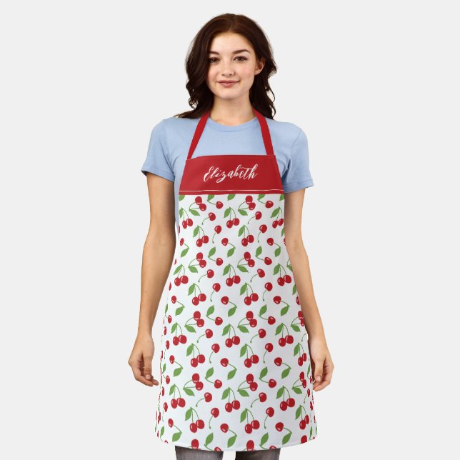 Modern Red Cherry Pattern Baking Apron (Worn)