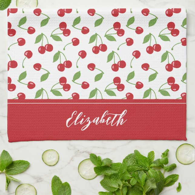 Modern Red Cherry Pattern Baking Kitchen Towel (Folded)