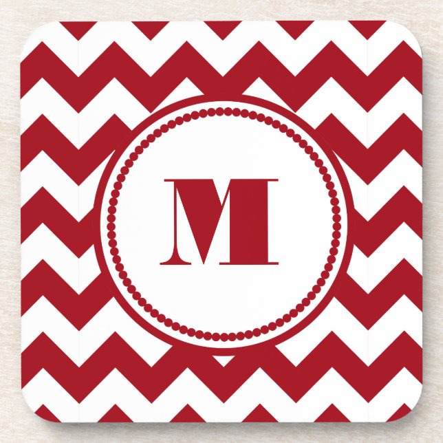 Modern Red Chevron Monogram Beverage Coaster (Front)