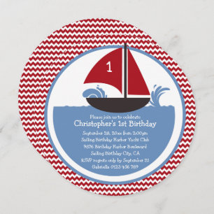 Modern Red Chevron Nautical 1st Birthday Party Invitation