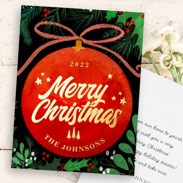 Modern Red Christmas Ball Ornament Botanical Foil Holiday Card (Creator Uploaded)