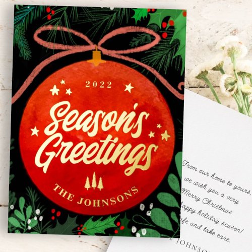 Modern Red Christmas Ball Ornament Botanical Foil Holiday Card