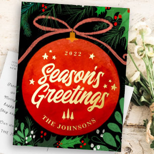 Modern Red Christmas Ball Ornament Botanical Foil Holiday Postcard