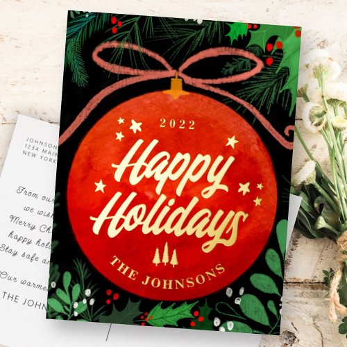 Modern Red Christmas Ball Ornament Botanical Foil Holiday Postcard