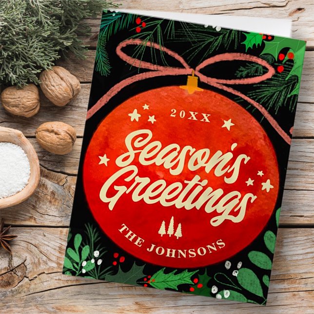 Modern Red Christmas Ball Ornament Botanical Holiday Card (Creator Uploaded)