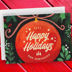 Modern Red Christmas Ball Ornament Botanical Holiday Postcard