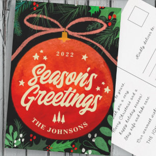 Modern Red Christmas Ball Ornament Botanical Holiday Postcard