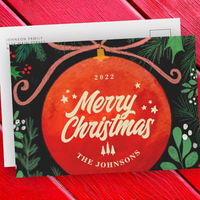 Modern Red Christmas Ball Ornament Botanical Holiday Postcard (Creator Uploaded)