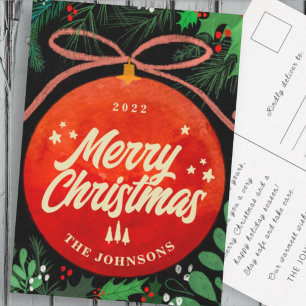 Modern Red Christmas Ball Ornament Botanical Holiday Postcard