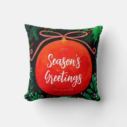 Modern Red Christmas Ball Ornament Botanical Throw Pillow