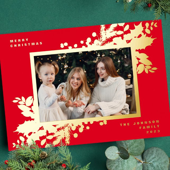 Modern Red Christmas Botanical Photo GOLD Frame Foil Holiday Card (Creator Uploaded)