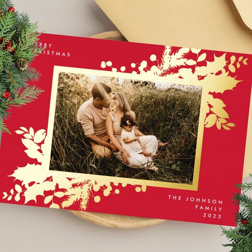 Modern Red Christmas Gold Botanical Photo Frame Foil Holiday Card