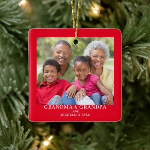 Modern Red Christmas Grandparents Photo Name Ceramic Ornament