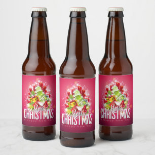 Modern Red Christmas Graphic Illustration Beer Bottle Label