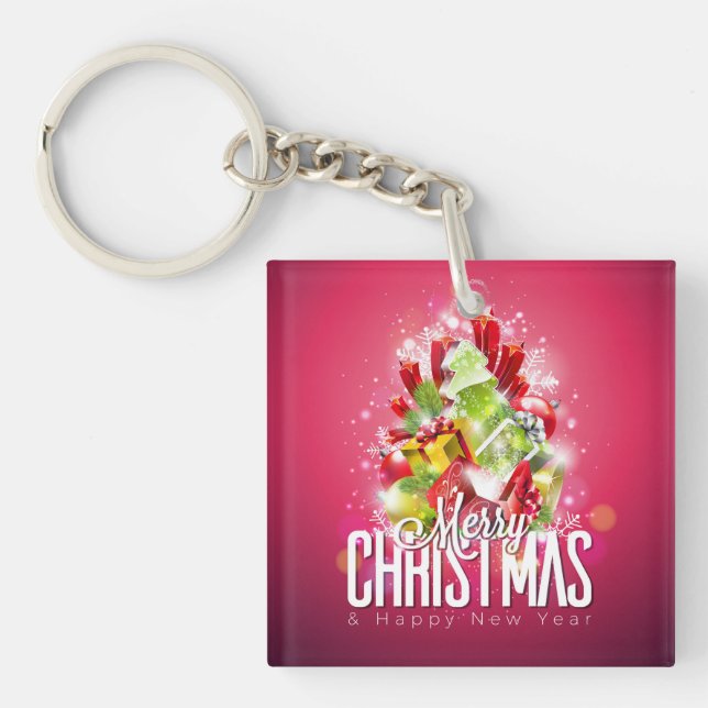 Modern Red Christmas Graphic Illustration Keychain (Front)
