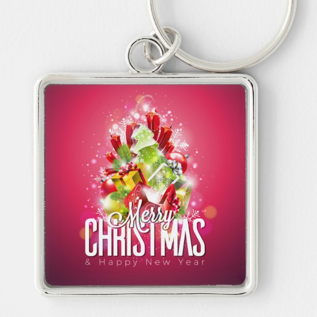 Modern Red Christmas Graphic Illustration Keychain (Front)