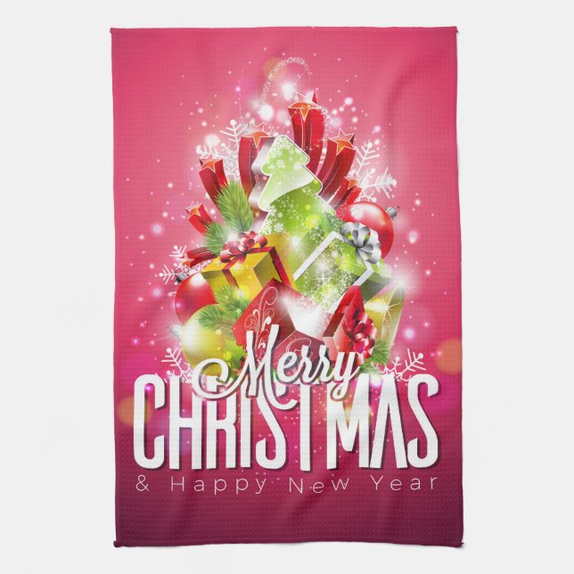 Modern Red Christmas Graphic Illustration Kitchen Towel (Vertical)