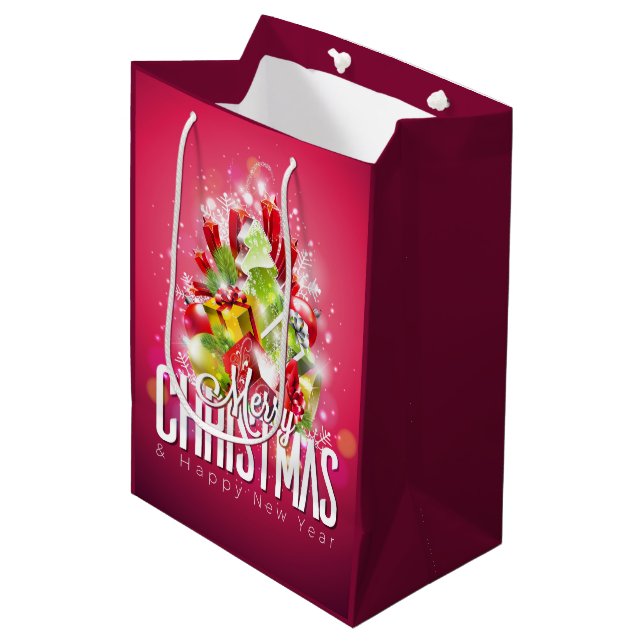 Modern Red Christmas Graphic Illustration Medium Gift Bag (Front Angled)