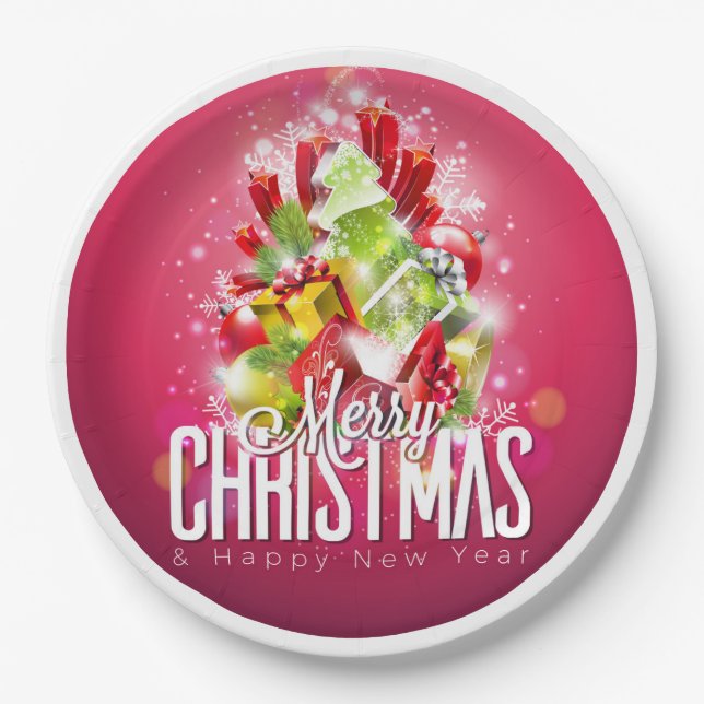 Modern Red Christmas Graphic Illustration Paper Plates (Front)