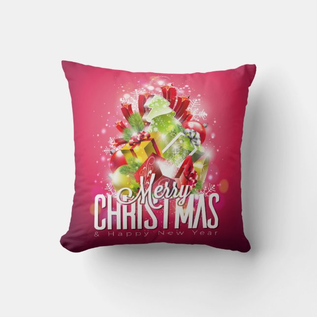 Modern Red Christmas Graphic Illustration Throw Pillow (Front)