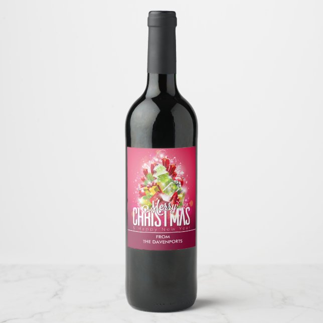 Modern Red Christmas Graphic Illustration Wine Label (Front)