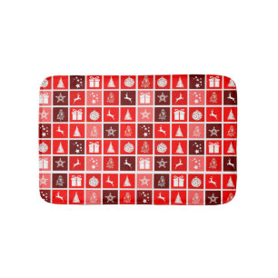 Modern Red Christmas Grid Pattern Minimalist Bath Mat