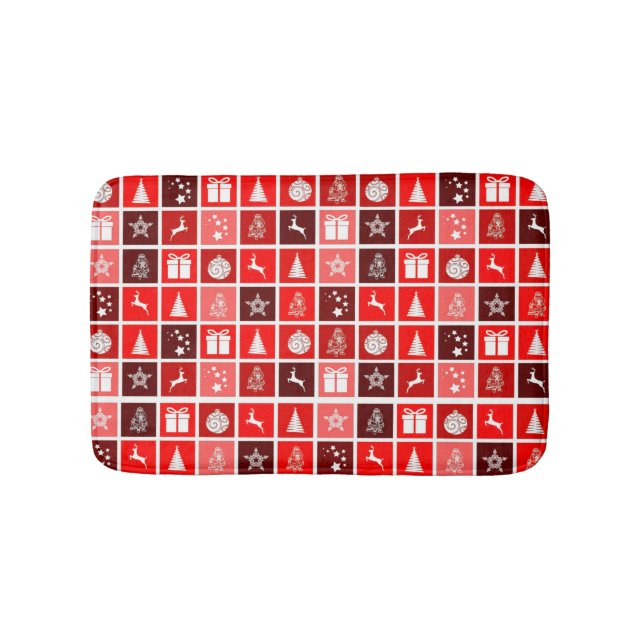 Modern Red Christmas Grid Pattern Minimalist  Bath Mat (Front)