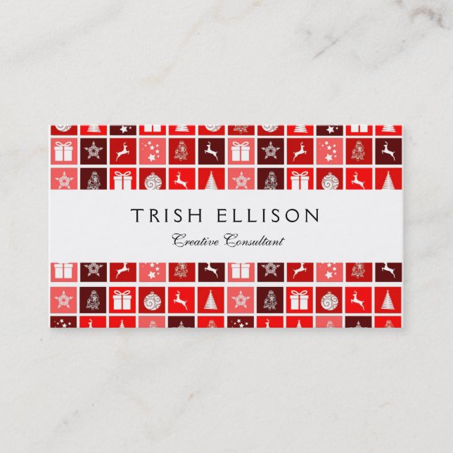 Modern Red Christmas Grid Pattern Minimalist  Business Card (Front)