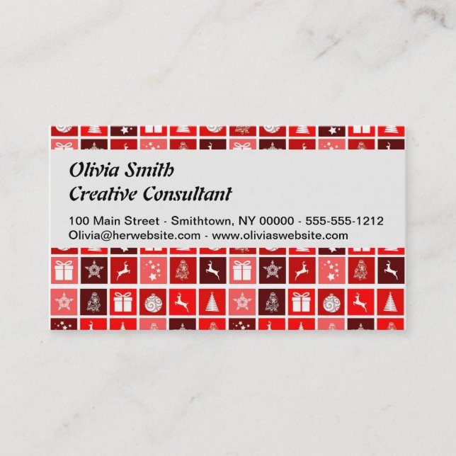 Modern Red Christmas Grid Pattern Minimalist  Business Card (Front)