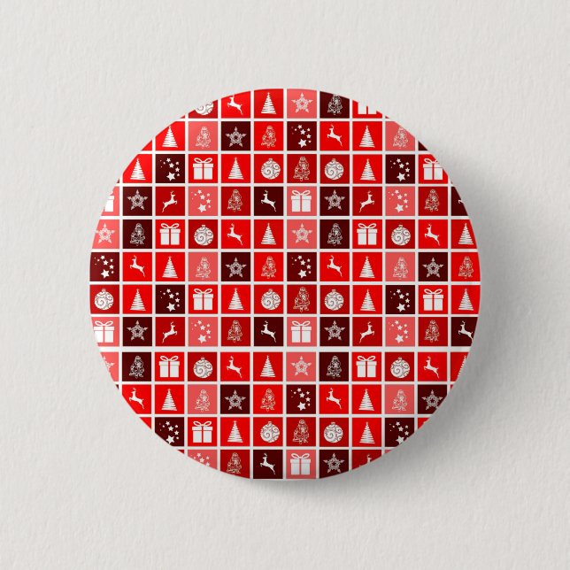 Modern Red Christmas Grid Pattern Minimalist  Button (Front)