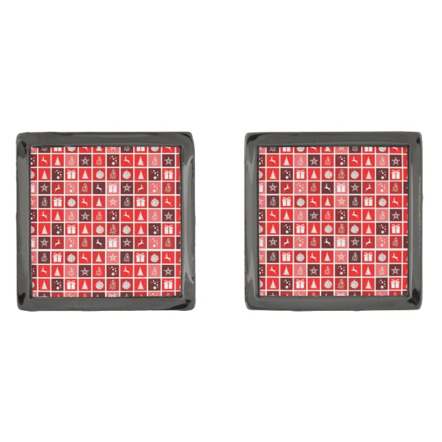 Modern Red Christmas Grid Pattern Minimalist  Cufflinks (Front)