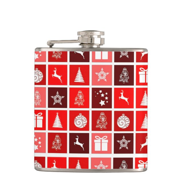 Modern Red Christmas Grid Pattern Minimalist  Flask (Front)