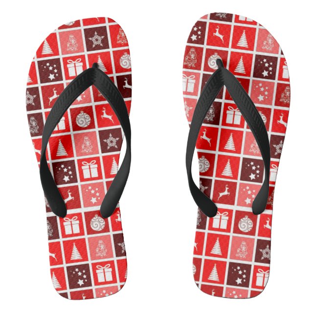Modern Red Christmas Grid Pattern Minimalist  Flip Flops (Footbed)