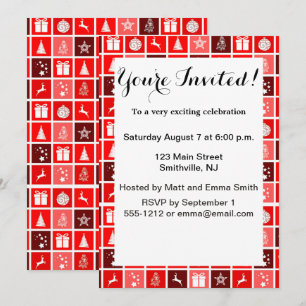 Modern Red Christmas Grid Pattern Minimalist  Invitation