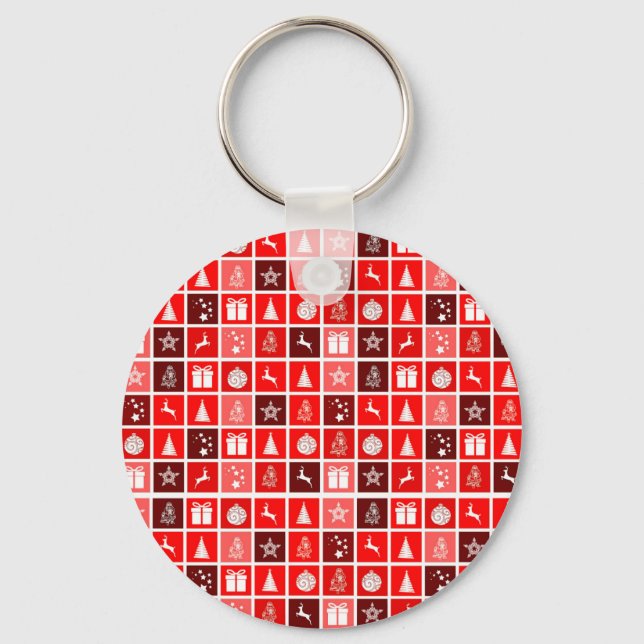 Modern Red Christmas Grid Pattern Minimalist  Keychain (Front)