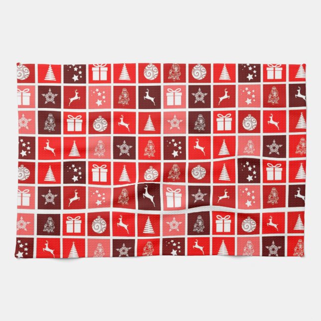 Modern Red Christmas Grid Pattern Minimalist  Kitchen Towel (Horizontal)