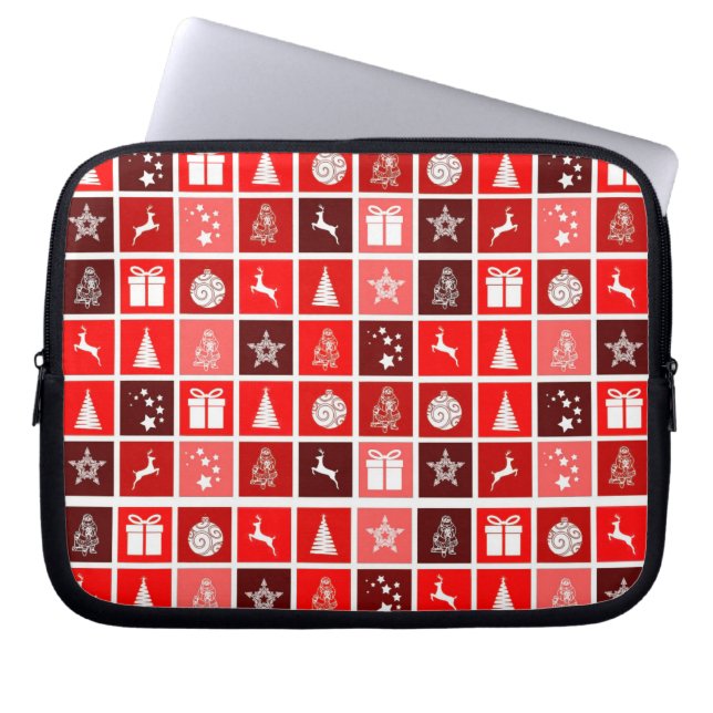 Modern Red Christmas Grid Pattern Minimalist  Laptop Sleeve (Front)