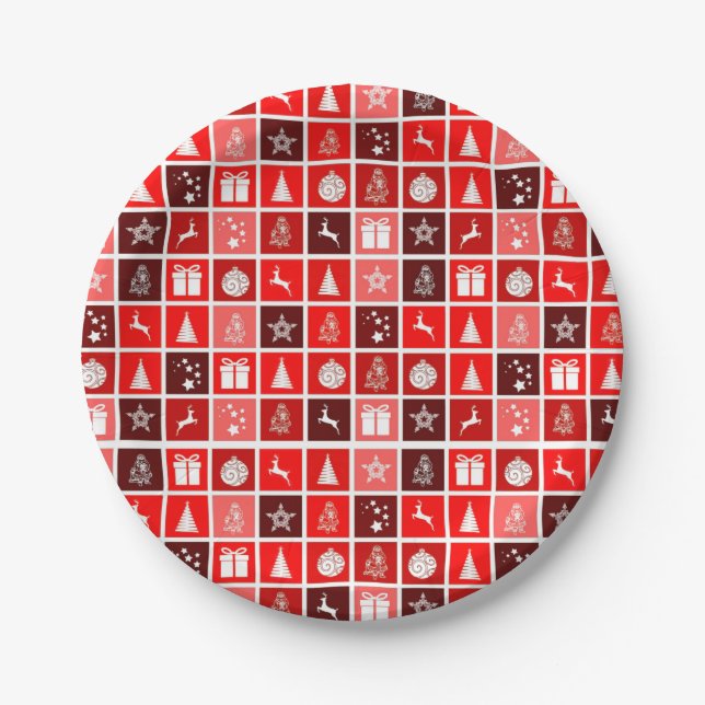 Modern Red Christmas Grid Pattern Minimalist  Paper Plates (Front)